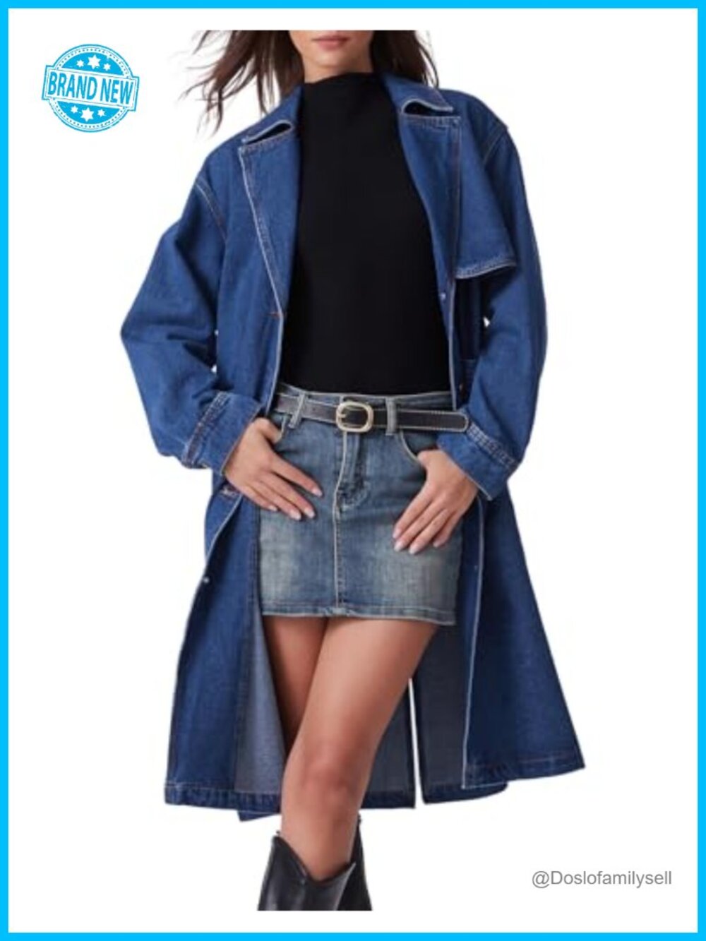 Long Denim Trench Coat Button Down Oversized Jean Jacket with Belt